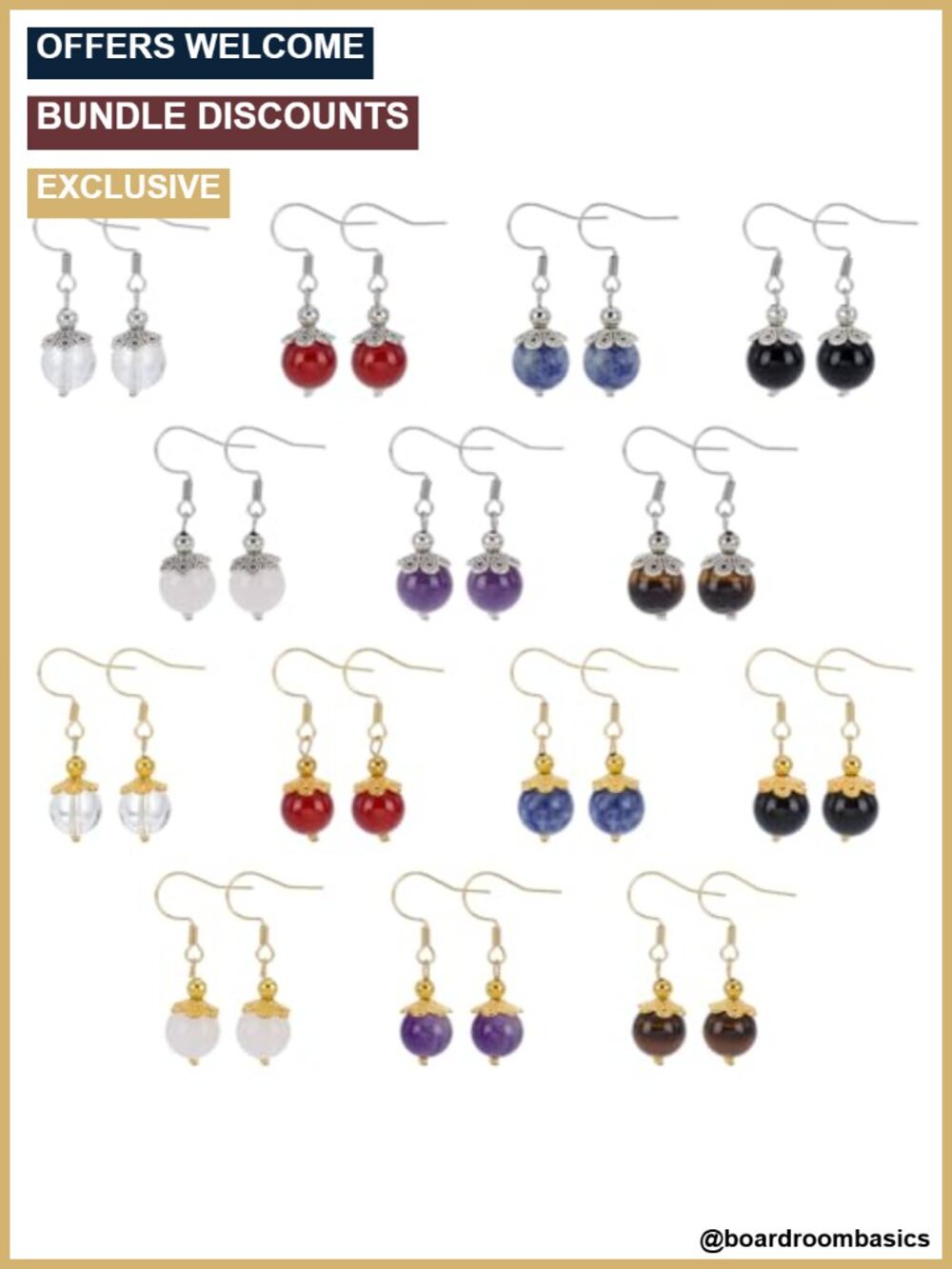 14 Pairs Genuine Stone Beaded Dangle Earrings Stainless Steel